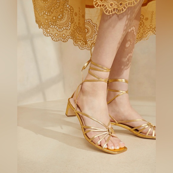 Loeffler Randall Gold Lace Up Knotted Ankle Strap Sandals Size 7 - Picture 1 of 11